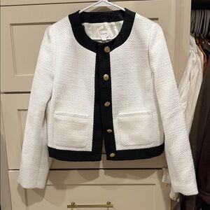 J. Crew White Tweed Jacket with Black Trim and Gold Buttons blazer